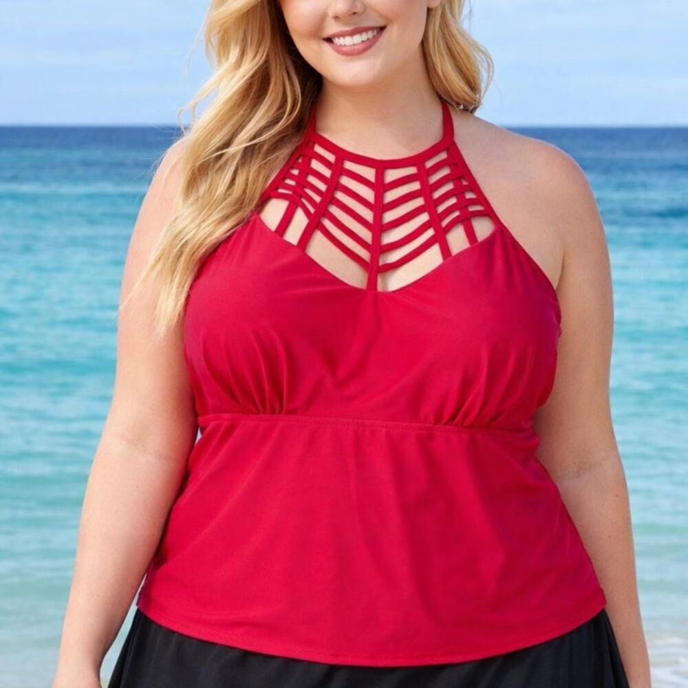 Raisins Curve High Neck Tankini Swim Top Red Plus Size 18W